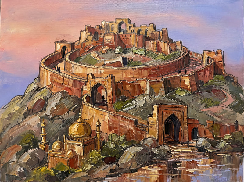 Palette-knife oil painting of Golconda Fort Hyderabad, a granite hill ringed with rust ramparts to the Bala Hisar ruins with a gold-domed mosque and arched gateway at the base under a pink-lavender sky