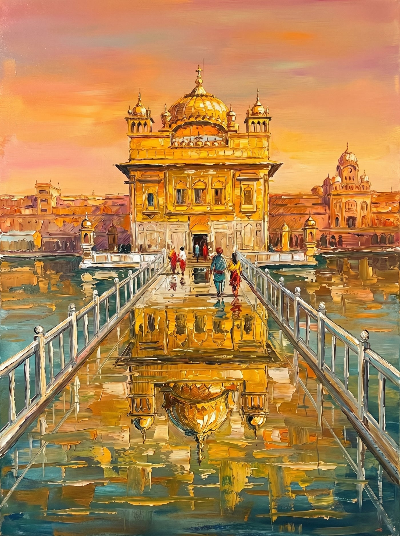 Palette-knife oil painting of the Golden Temple, Amritsar, the gilded Harmandir Sahib over the Amrit Sarovar at sunset with the white causeway, pilgrims and a long gold reflection