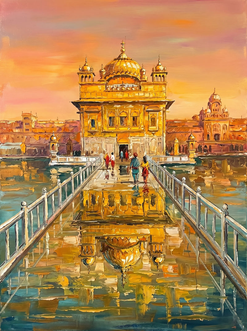 Palette-knife oil painting of the Golden Temple, Amritsar, the gilded Harmandir Sahib over the Amrit Sarovar at sunset with the white causeway, pilgrims and a long gold reflection