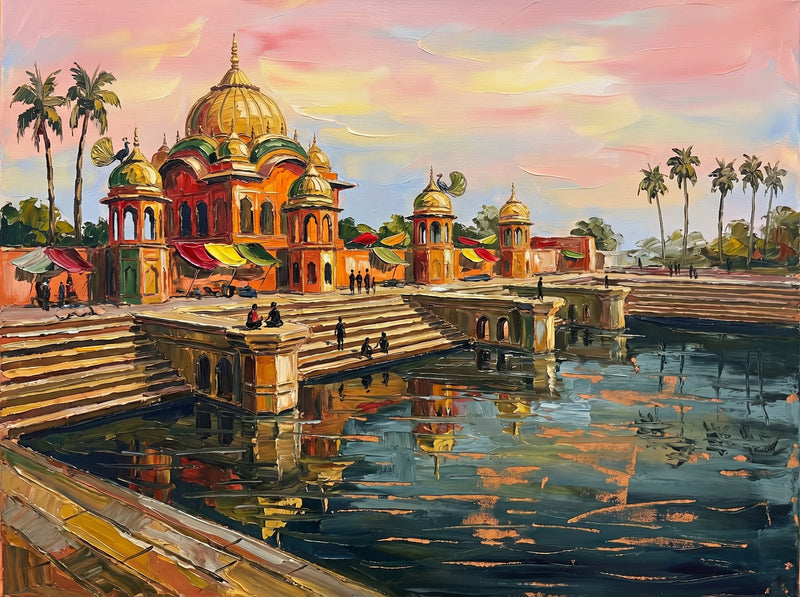 Palette-knife oil painting of Kusum Sarovar, Govardhan, ornate red sandstone domed pavilions mirrored in a still green kund at sunset with peacocks on the domes and palms behind