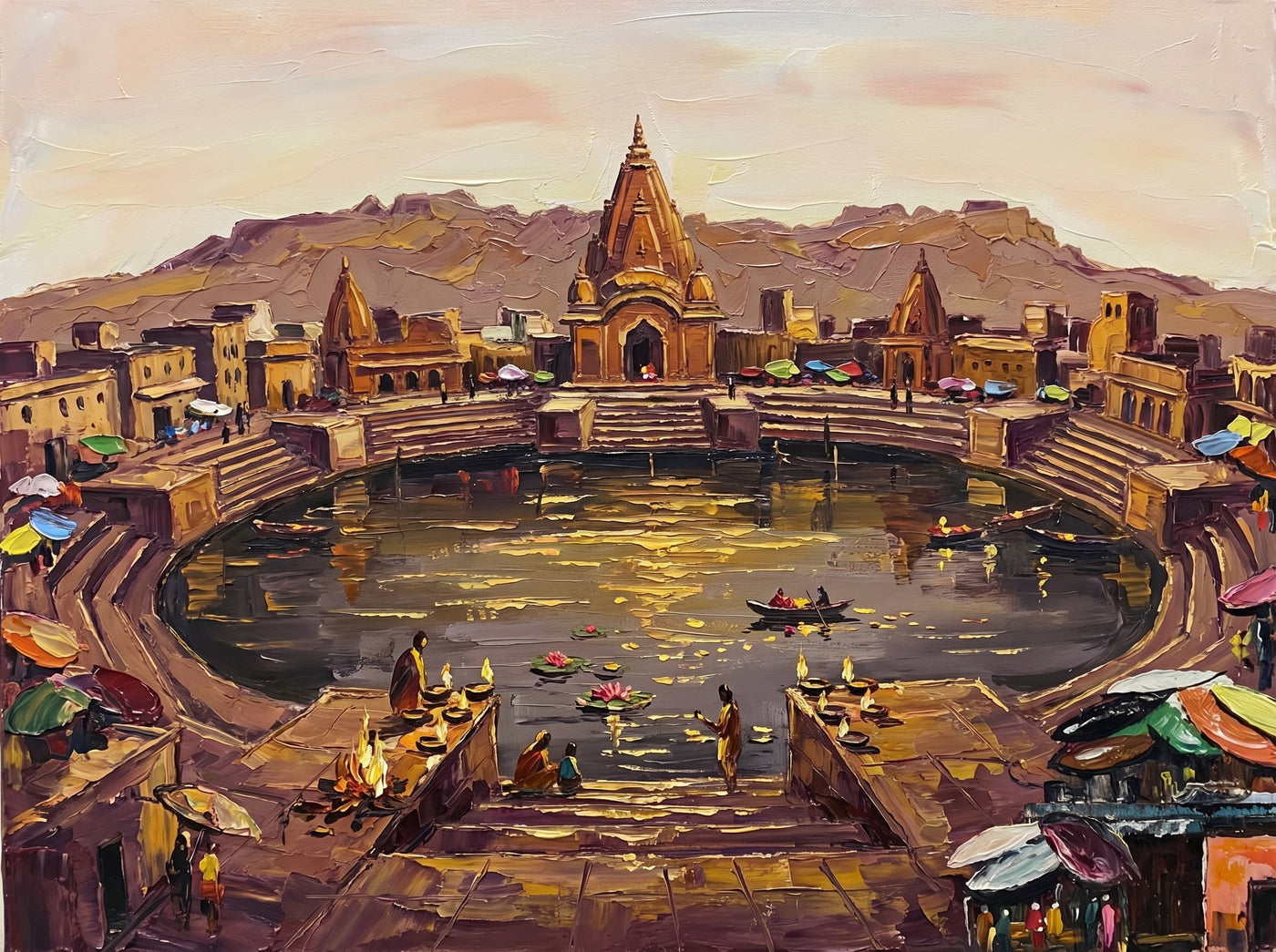 Palette-knife oil painting of Manasi Ganga Kund at Govardhan, a tall sandstone temple over a still green tank ringed by ghat steps with lamps and lotus offerings on the near steps