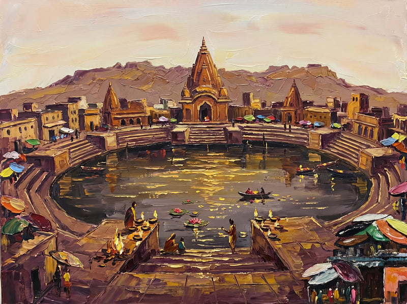 Palette-knife oil painting of Manasi Ganga Kund at Govardhan, a tall sandstone temple over a still green tank ringed by ghat steps with lamps and lotus offerings on the near steps