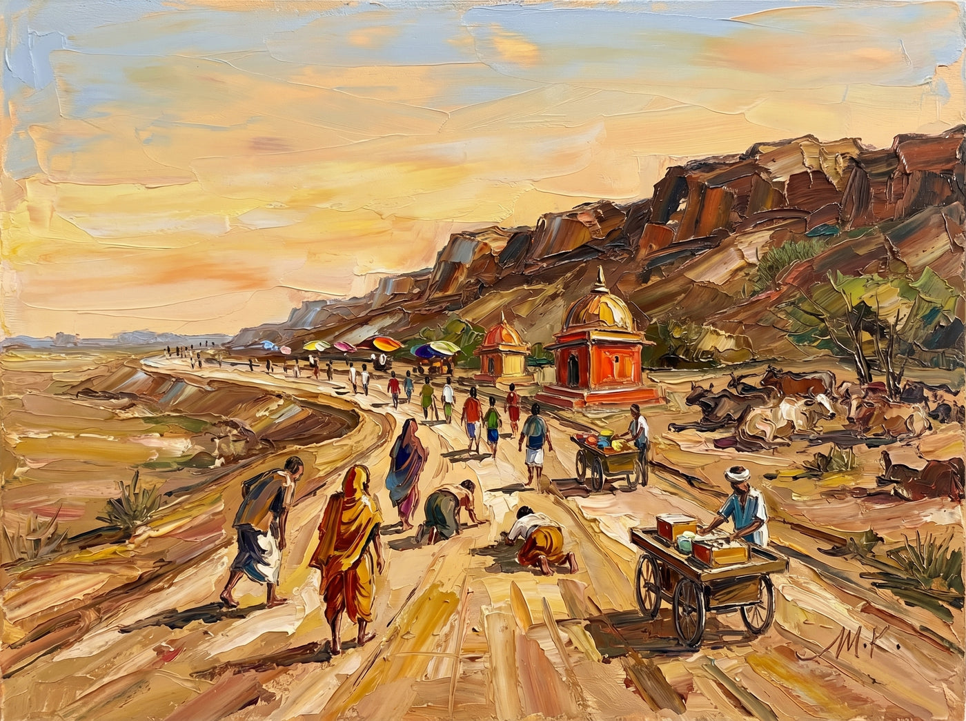 Palette-knife oil painting of the Govardhan parikrama path at sunset, pilgrims and a cart vendor on a dusty road below red rock with a small shrine and resting cattle under a golden sky