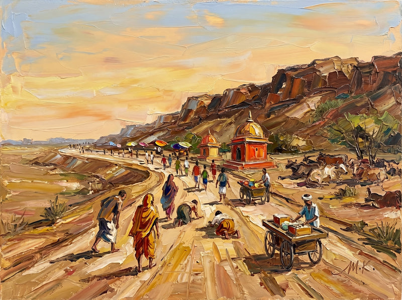 Palette-knife oil painting of the Govardhan parikrama path at sunset, pilgrims and a cart vendor on a dusty road below red rock with a small shrine and resting cattle under a golden sky