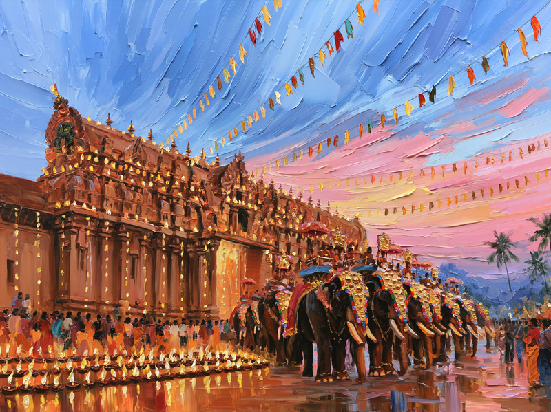 Palette-knife oil painting of caparisoned elephants in a row before the lamp-lit wall of Guruvayur temple at dusk, rows of oil lamps burning