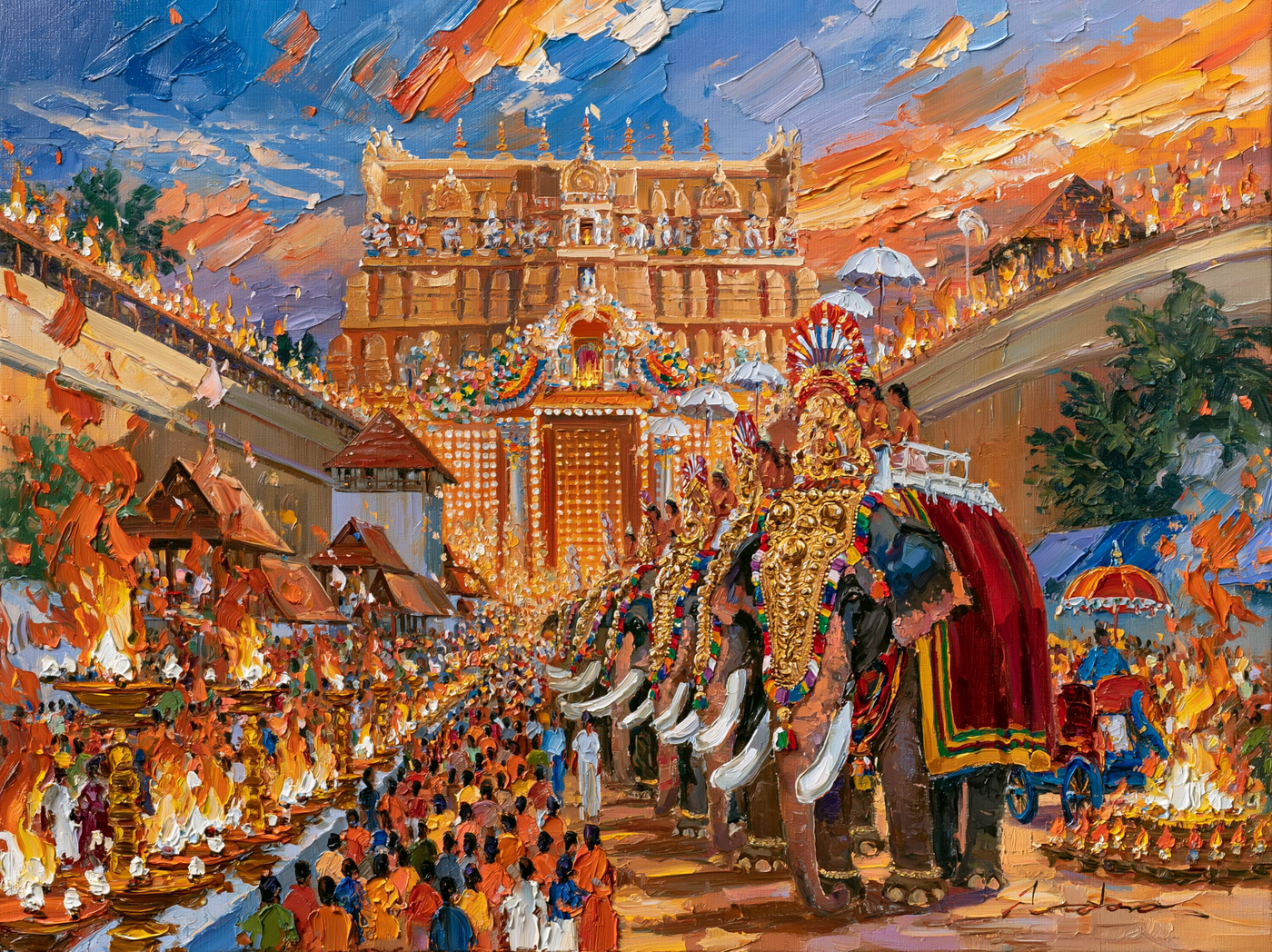 Palette-knife oil painting of caparisoned elephants in a row before the lamp-lit wall of Guruvayur temple at dusk, rows of oil lamps burning
