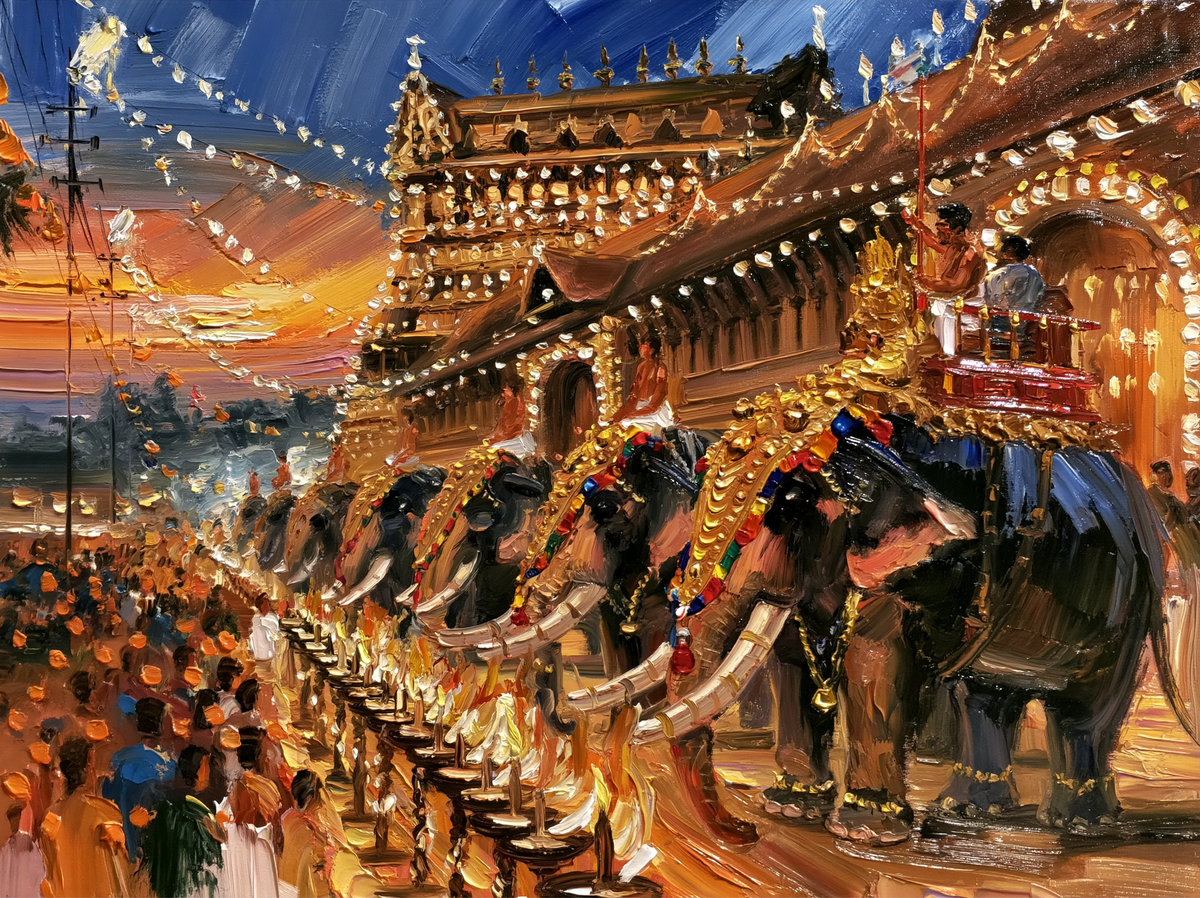 Palette-knife oil painting of caparisoned elephants in a row before the lamp-lit wall of Guruvayur temple at dusk, rows of oil lamps burning