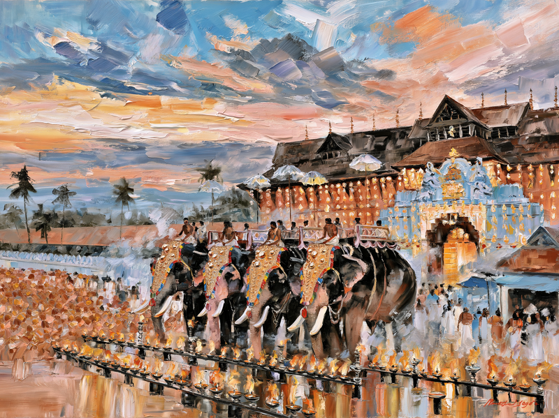 Palette-knife oil painting of caparisoned elephants in a row before the lamp-lit wall of Guruvayur temple at dusk, rows of oil lamps burning
