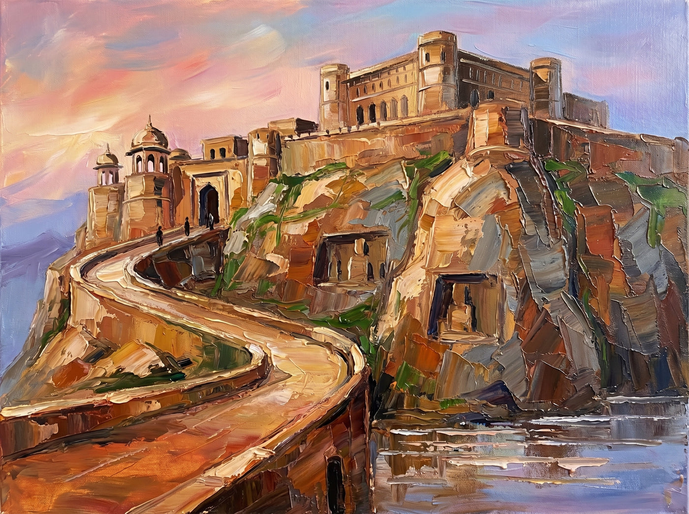Palette-knife oil painting of Gwalior Fort, the Man Singh palace on a sheer sandstone plateau with a pale ramp winding up the ochre cliff and a domed chhatri at left under a peach sky