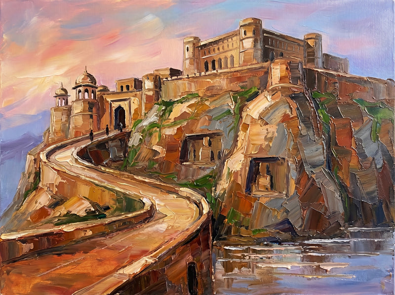 Palette-knife oil painting of Gwalior Fort, the Man Singh palace on a sheer sandstone plateau with a pale ramp winding up the ochre cliff and a domed chhatri at left under a peach sky