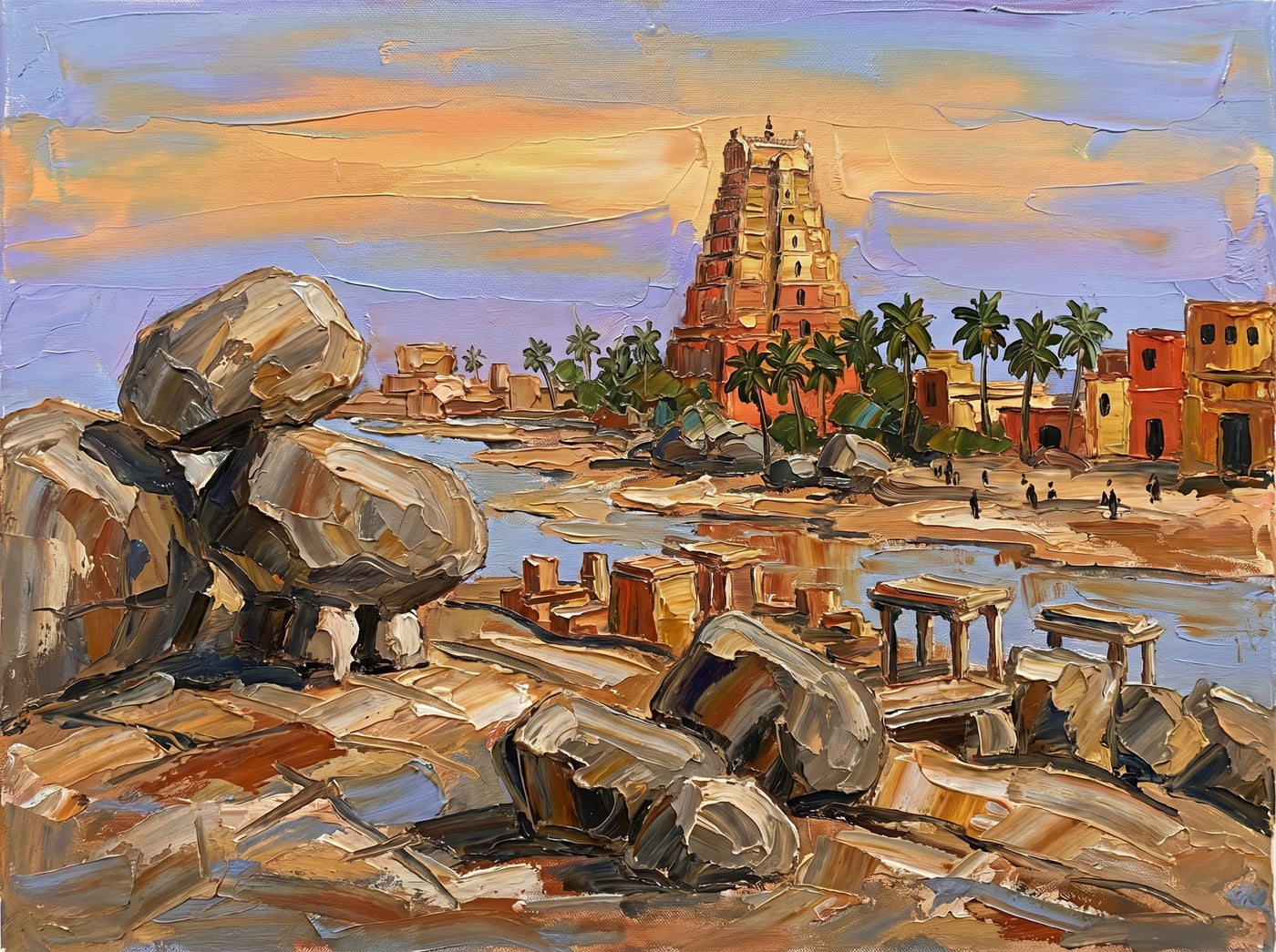 Palette-knife oil painting of Hampi at sunset, giant grey granite boulders in the foreground with a terracotta gopuram, coconut palms and scattered stone ruins by the river under a peach-gold sky