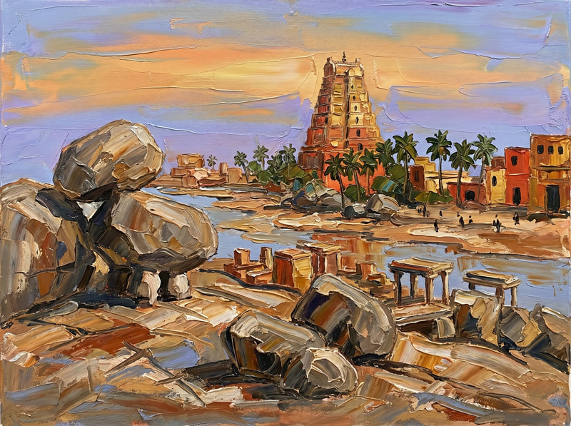 Palette-knife oil painting of Hampi at sunset, giant grey granite boulders in the foreground with a terracotta gopuram, coconut palms and scattered stone ruins by the river under a peach-gold sky
