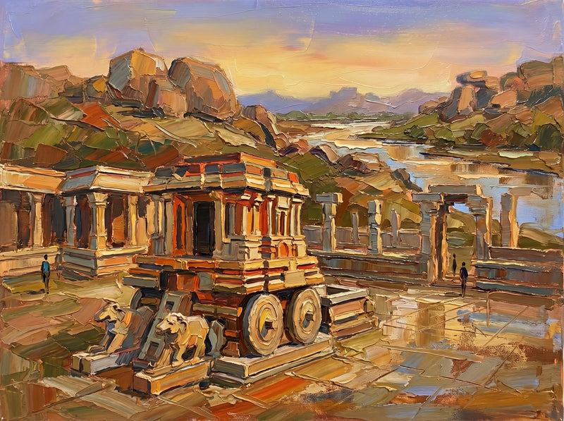 Palette-knife oil painting of the Hampi stone chariot at the Vitthala temple, the carved ratha and colonnades among boulder hills with the Tungabhadra river beyond under an amber sunset sky