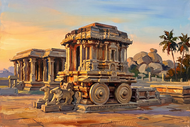 Palette-knife oil painting of the Hampi stone chariot at the Vittala Temple in golden morning light, the ruined colonnaded mandapa, boulder hills and palms behind under a blue sky