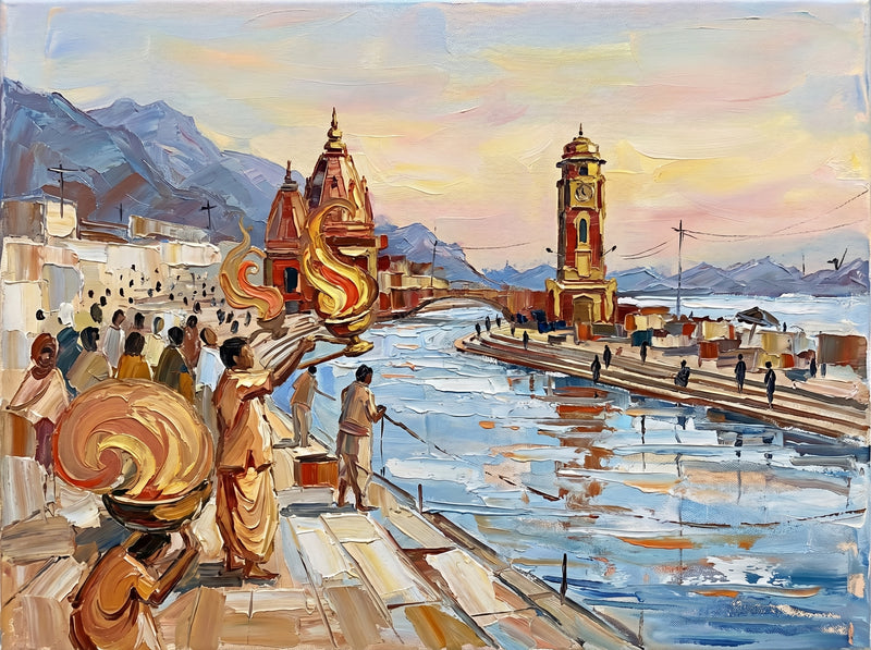 Palette-knife oil painting of Har Ki Pauri Haridwar, saffron-robed priests swinging swirling gold aarti flames by the clock tower with crowds and lavender Himalayan foothills