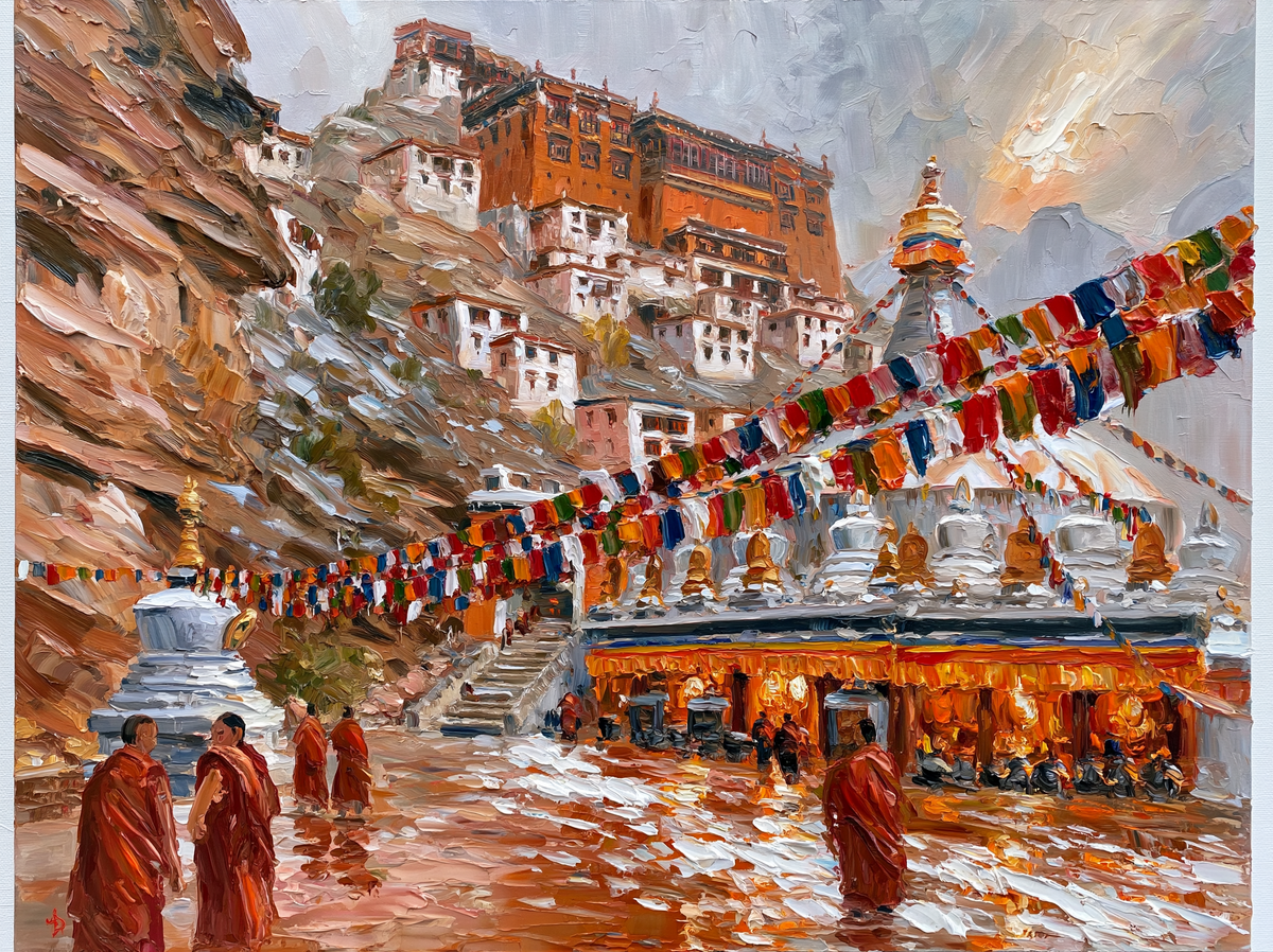 Palette-knife oil painting of Hemis monastery in a Ladakh gorge, ochre and whitewashed walls against bare rock with prayer flags strung across