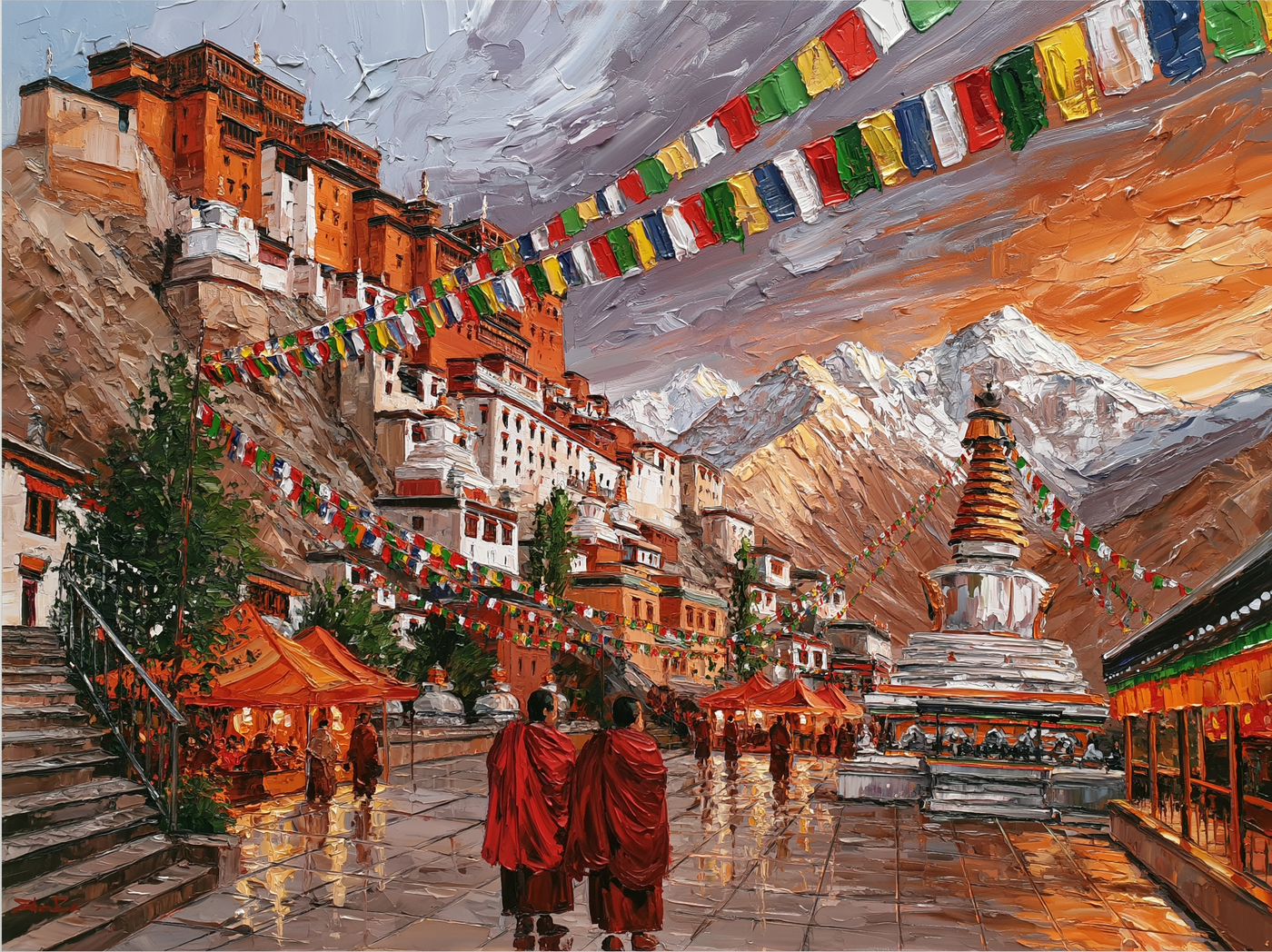 Palette-knife oil painting of Hemis monastery in a Ladakh gorge, ochre and whitewashed walls against bare rock with prayer flags strung across