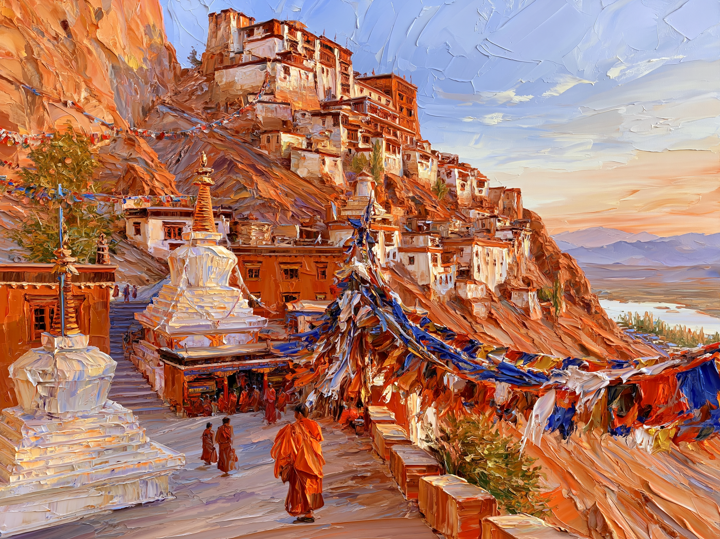 Palette-knife oil painting of Hemis monastery in a Ladakh gorge, ochre and whitewashed walls against bare rock with prayer flags strung across