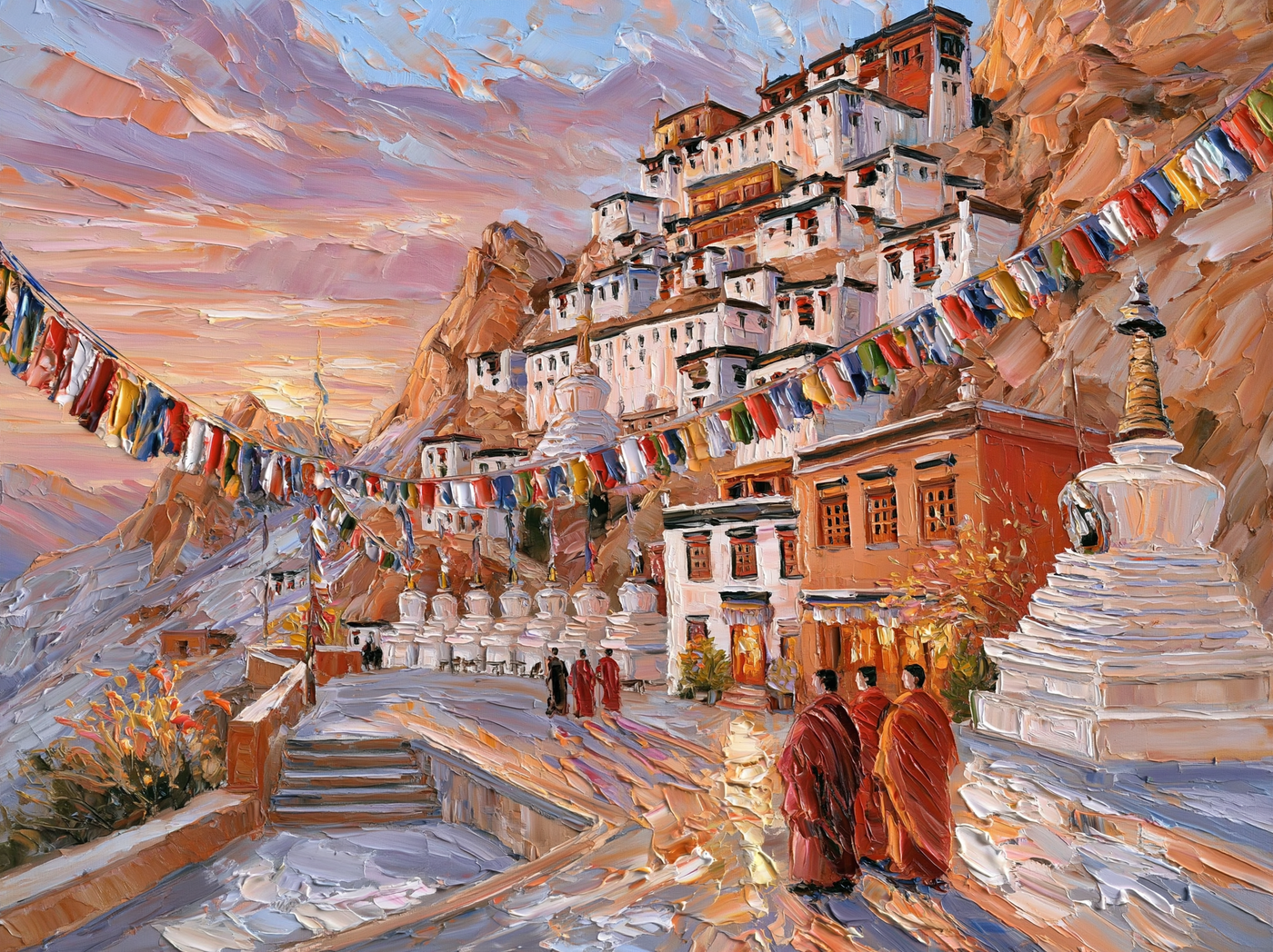 Palette-knife oil painting of Hemis monastery in a Ladakh gorge, ochre and whitewashed walls against bare rock with prayer flags strung across