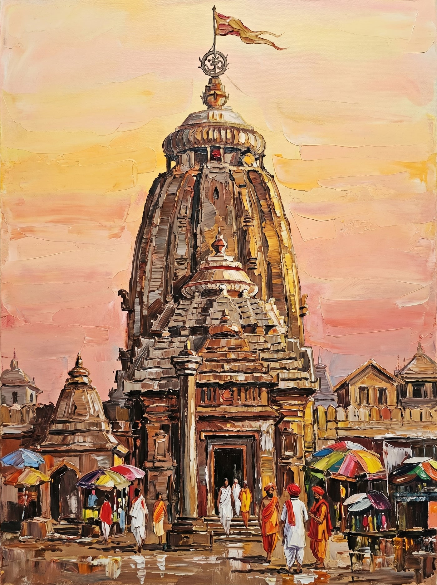Palette-knife oil painting of the Jagannath Temple, Puri, its weathered grey-brown stone tower and flag over a saffron and white crowd with bright bazaar umbrellas under a pink dawn sky