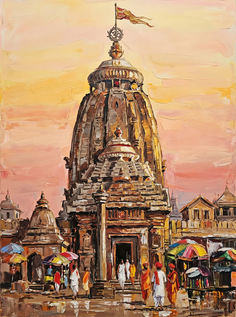 Palette-knife oil painting of the Jagannath Temple, Puri, its weathered grey-brown stone tower and flag over a saffron and white crowd with bright bazaar umbrellas under a pink dawn sky