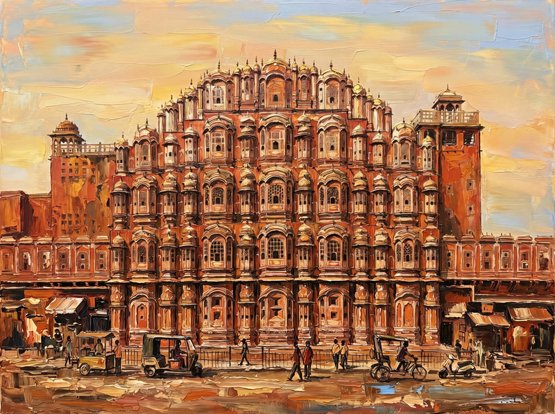 Palette-knife oil painting of the Hawa Mahal in Jaipur, the pink honeycomb façade of tiered carved windows over a busy street with an auto-rickshaw, motorbike and pedestrians