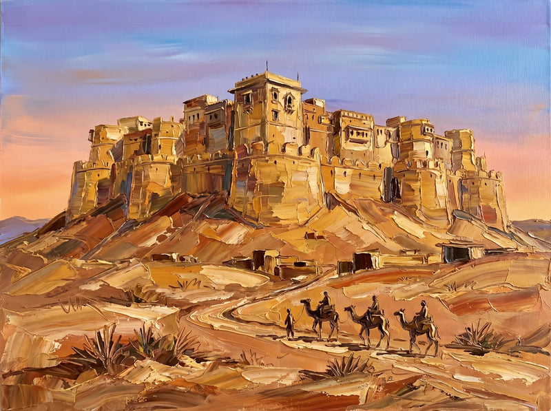 Palette-knife oil painting of the Jaisalmer Golden Fort, honey sandstone bastions and havelis crowning a brown hill with a camel caravan winding up the path under a peach and blue sky
