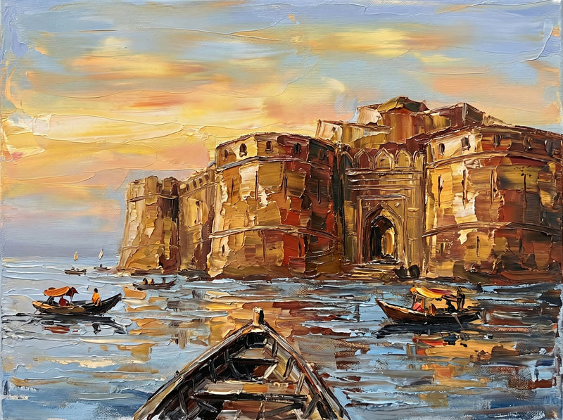Palette-knife oil painting of Murud-Janjira island sea fort, ochre stone ramparts and an arched gateway rising from the Arabian Sea with fishing boats and a boatman in the foreground under a cream sky