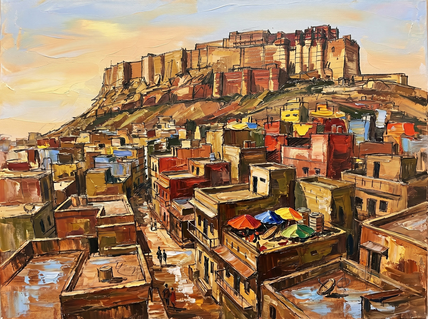 Palette-knife oil painting of Jodhpur, Mehrangarh fort crowning the ridge over a tumble of blue-washed houses and terracotta rooftops with coloured umbrellas under a warm golden sky
