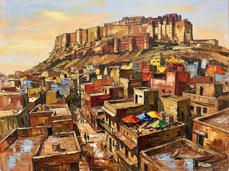 Palette-knife oil painting of Jodhpur, Mehrangarh fort crowning the ridge over a tumble of blue-washed houses and terracotta rooftops with coloured umbrellas under a warm golden sky