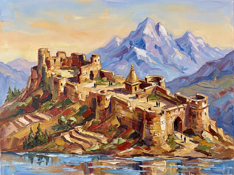 Palette-knife oil painting of Kangra Fort in Himachal, ochre ramparts and a gold-spired temple on a green promontory below the snow-capped blue Dhauladhar peaks with a pale river at the base