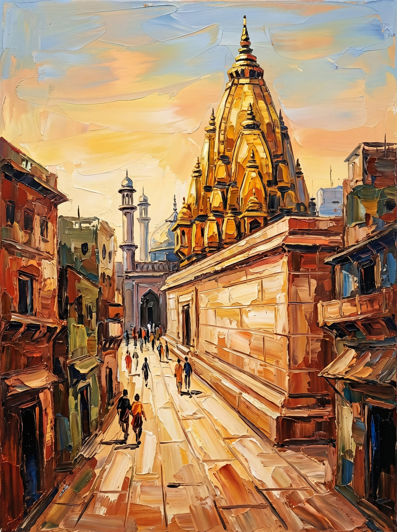 Palette-knife oil painting of Kashi Vishwanath, Varanasi, its golden spire above a sunlit sloping old-city lane with figures climbing and a pale minaret in the haze behind