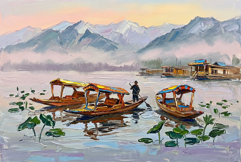 Palette-knife oil painting of canopied shikaras on Dal Lake in Srinagar at dawn, snow-misted lilac Himalayan peaks, wooden houseboats and floating lotus leaves on still pale water