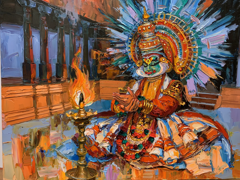 Palette-knife oil painting of a Kathakali performer in green face paint and towering headdress lit by a brass oil lamp in a dark pillared temple courtyard