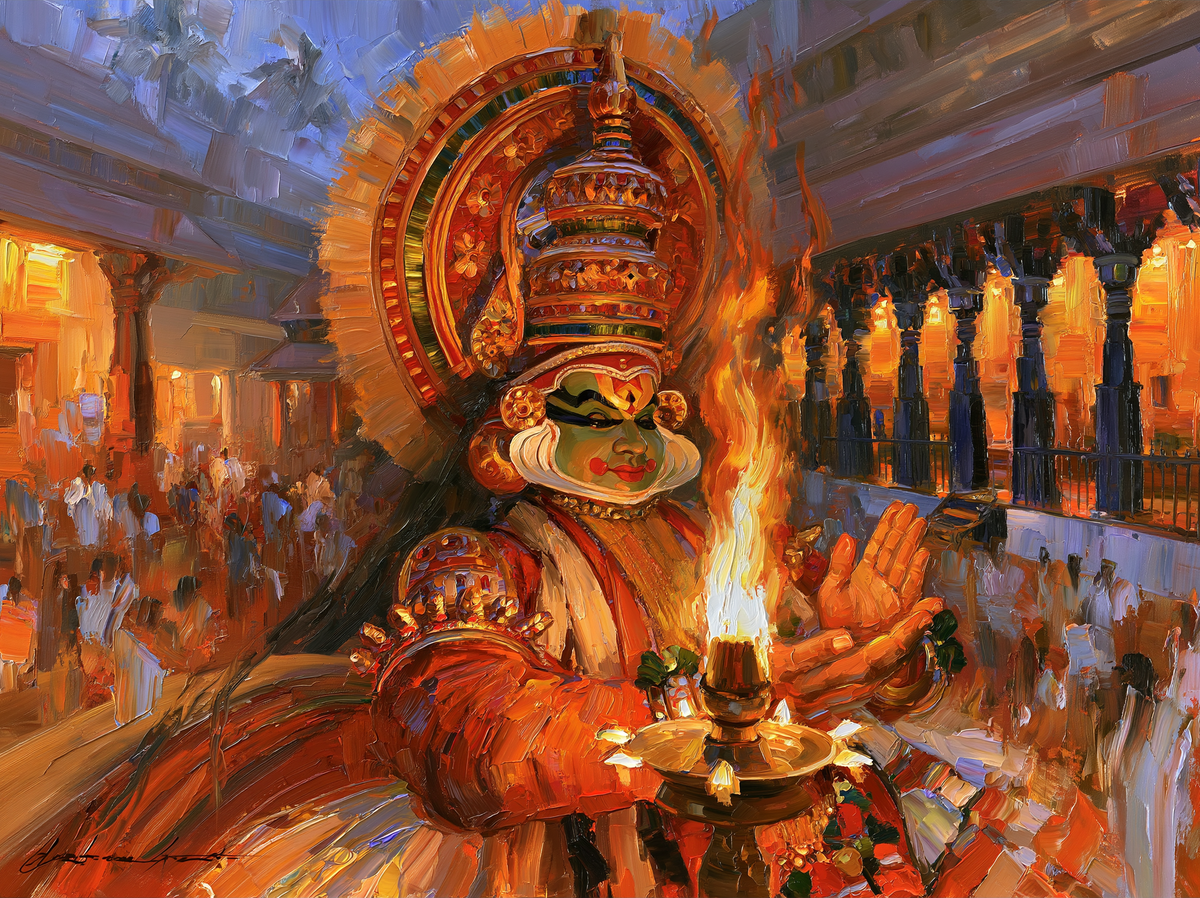 Palette-knife oil painting of a Kathakali performer in green face paint and towering headdress lit by a brass oil lamp in a dark pillared temple courtyard