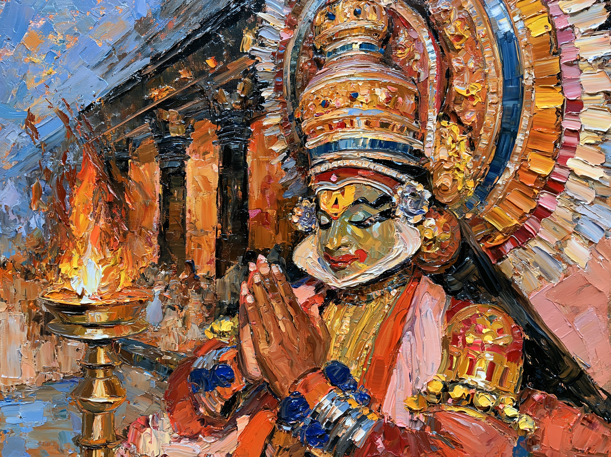 Palette-knife oil painting of a Kathakali performer in green face paint and towering headdress lit by a brass oil lamp in a dark pillared temple courtyard