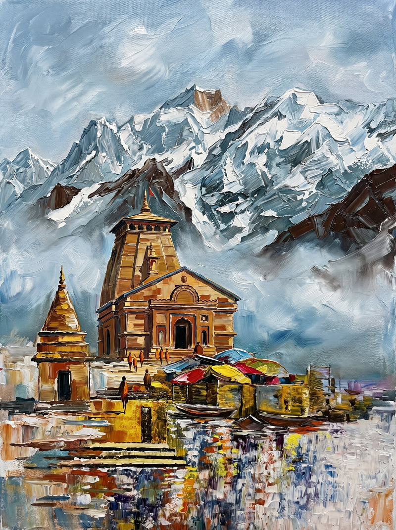 Palette-knife oil painting of Kedarnath Temple, Uttarakhand, the grey stone shrine and a small gilded temple below a vast wall of misty Himalayan snow with red and yellow pilgrim tents