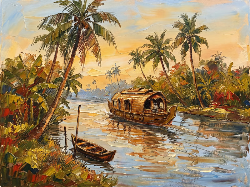 Palette-knife oil painting of the Kerala backwaters, a thatched houseboat drifting between leaning coconut palms with a moored canoe and gold sun on still water