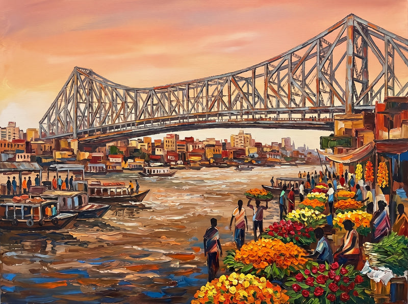 Palette-knife oil painting of Howrah Bridge Kolkata over the Mullick Ghat flower market, heaped marigold and rose garlands, vendors and boats on the Hooghly at sunset