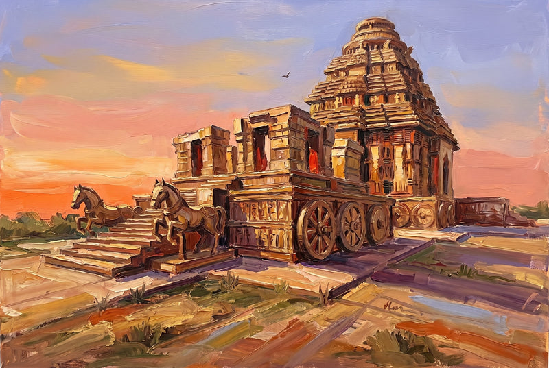 Palette-knife oil painting of the Konark Sun Temple as a great stone chariot at sunset, carved spoked wheels and rearing stone horses against a coral and orange sky