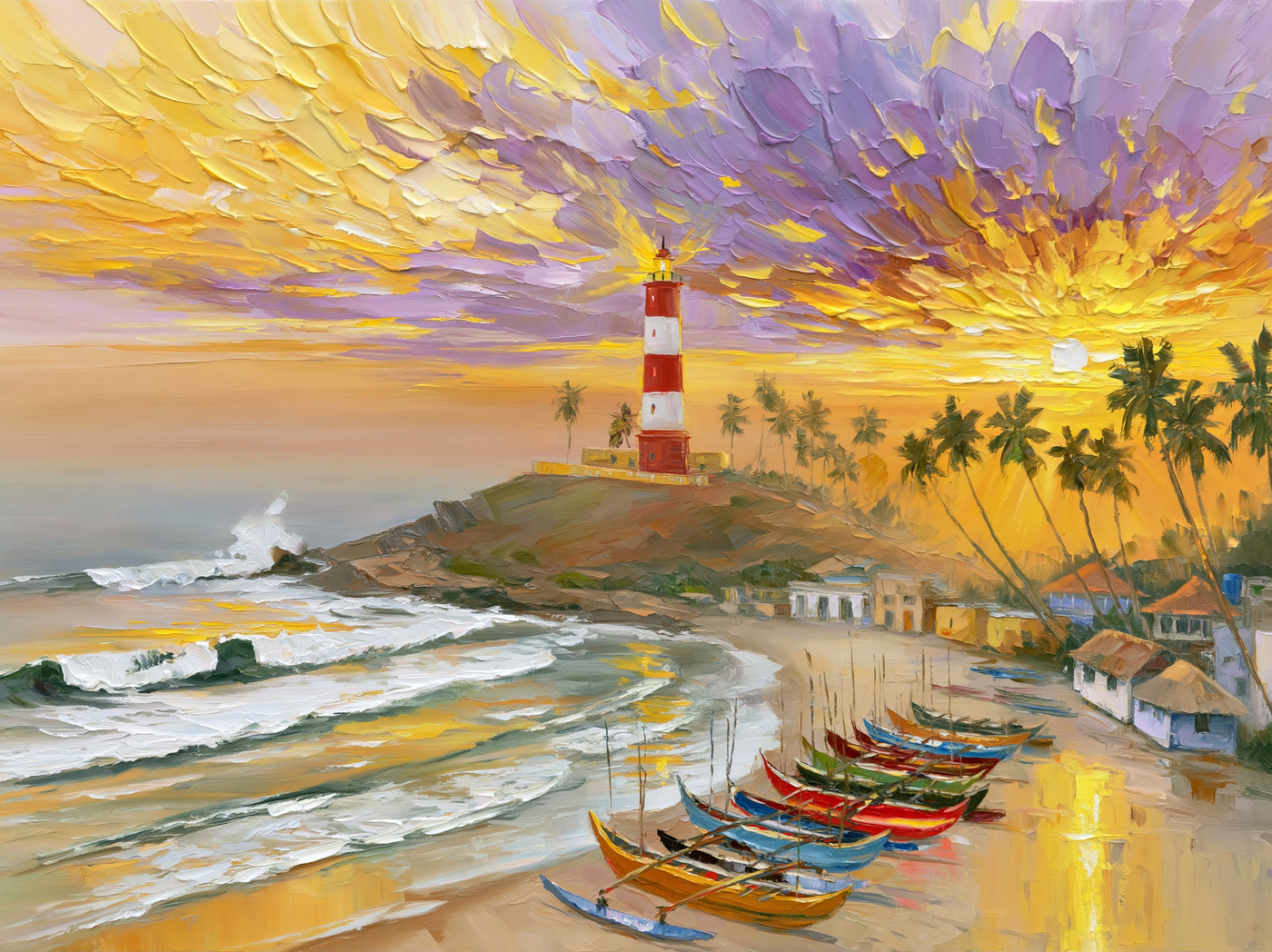 Palette-knife oil painting of Kovalam beach at evening, the red and white striped lighthouse on the headland with fishing catamarans on the sand