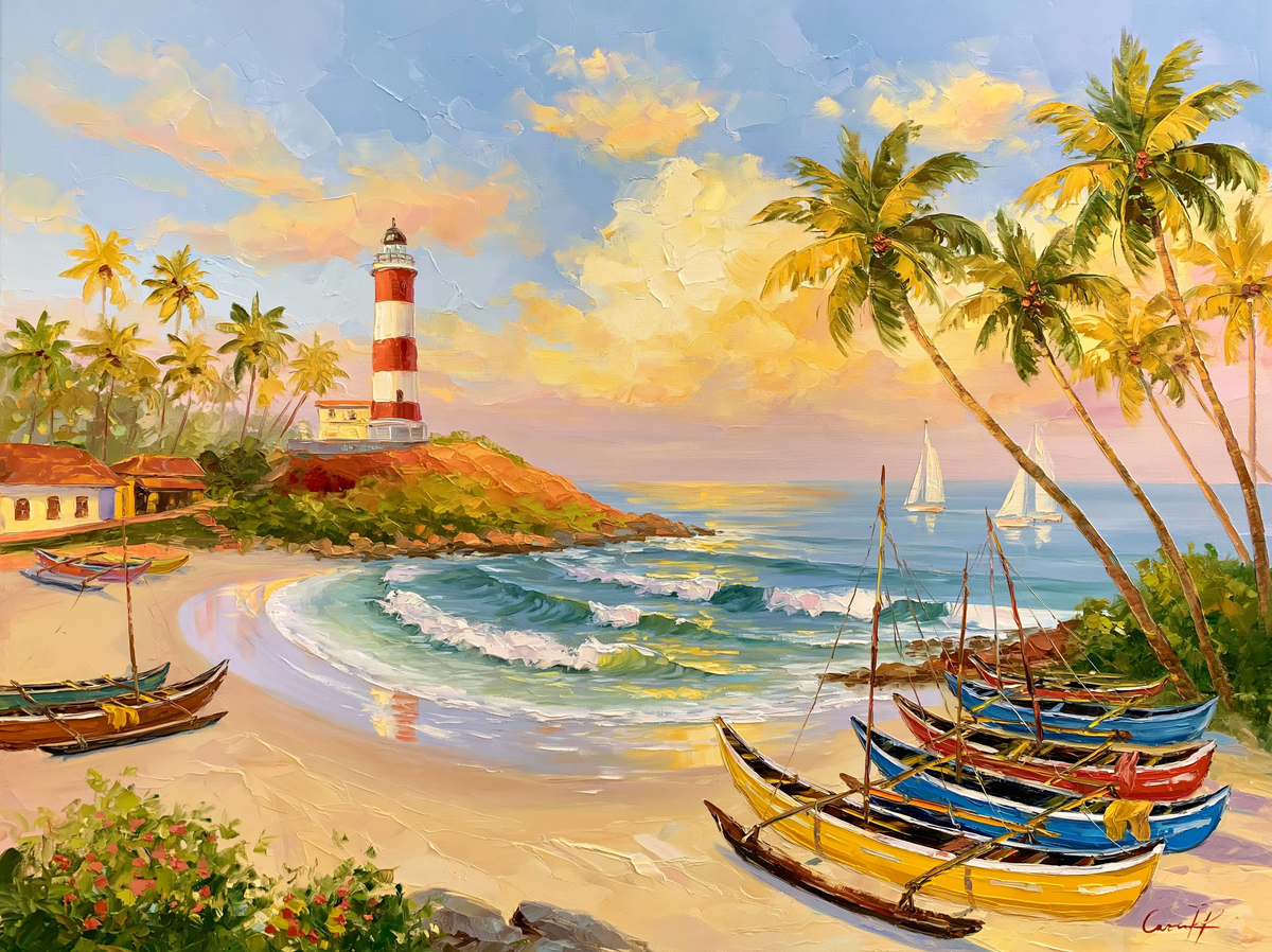 Palette-knife oil painting of Kovalam beach at evening, the red and white striped lighthouse on the headland with fishing catamarans on the sand