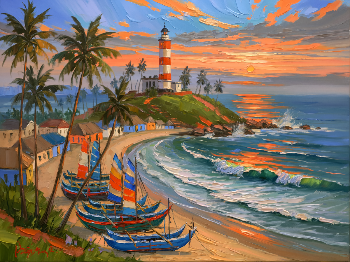 Palette-knife oil painting of Kovalam beach at evening, the red and white striped lighthouse on the headland with fishing catamarans on the sand