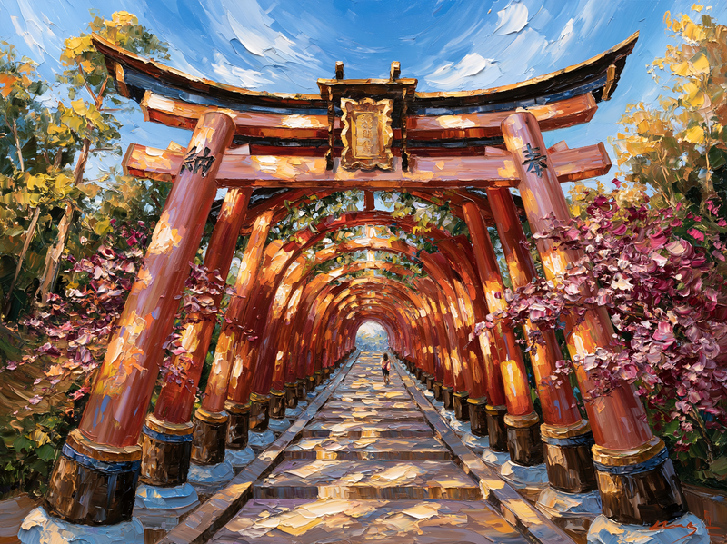 Palette-knife oil painting of the vermilion torii gate tunnel at Fushimi Inari shrine Kyoto, dappled green light falling between the posts
