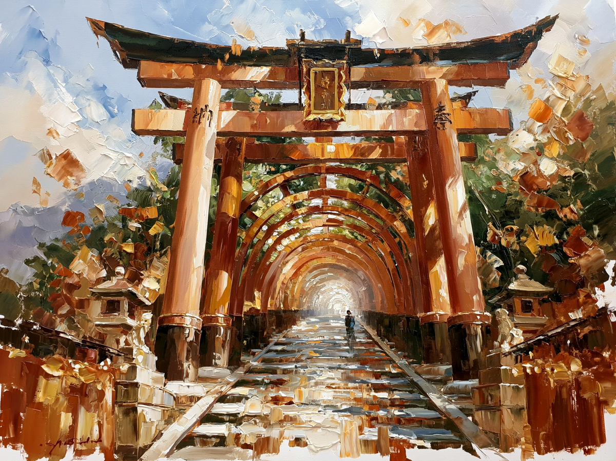 Palette-knife oil painting of the vermilion torii gate tunnel at Fushimi Inari shrine Kyoto, dappled green light falling between the posts
