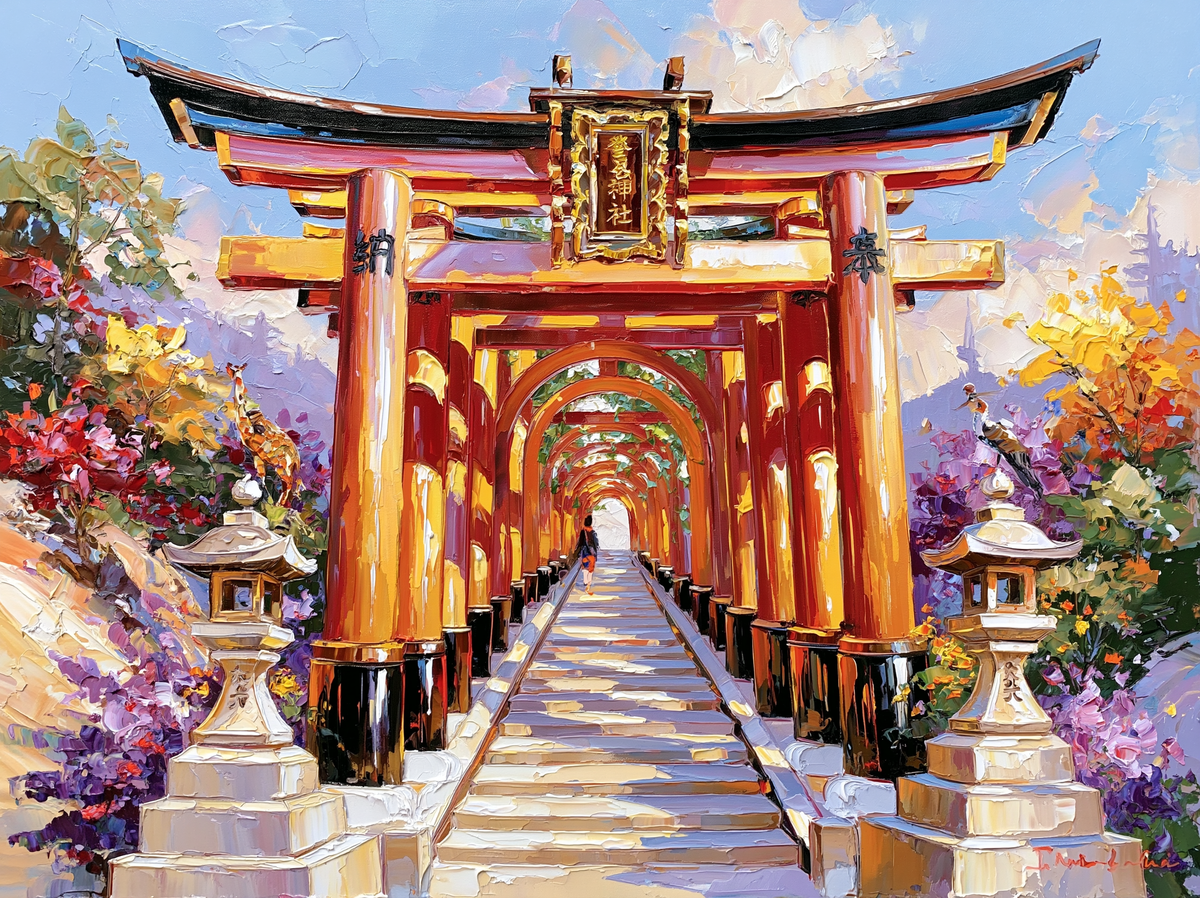 Palette-knife oil painting of the vermilion torii gate tunnel at Fushimi Inari shrine Kyoto, dappled green light falling between the posts
