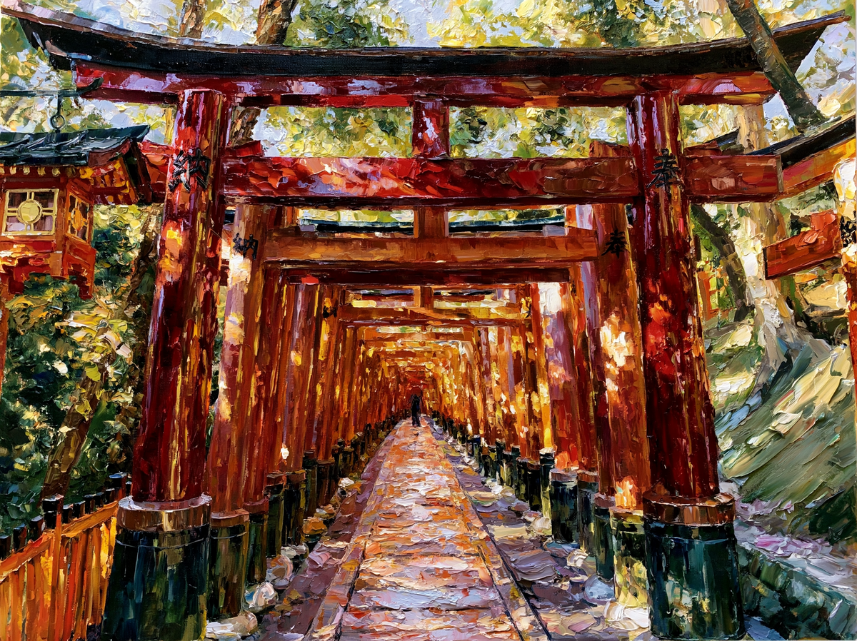 Palette-knife oil painting of the vermilion torii gate tunnel at Fushimi Inari shrine Kyoto, dappled green light falling between the posts