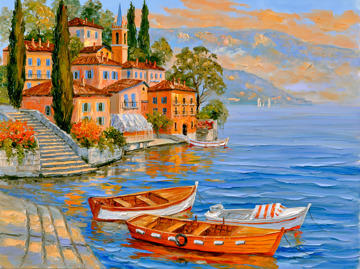 Palette-knife oil painting of Bellagio on Lake Como, pastel lakeside houses stacked above moored wooden boats with mountains in morning haze