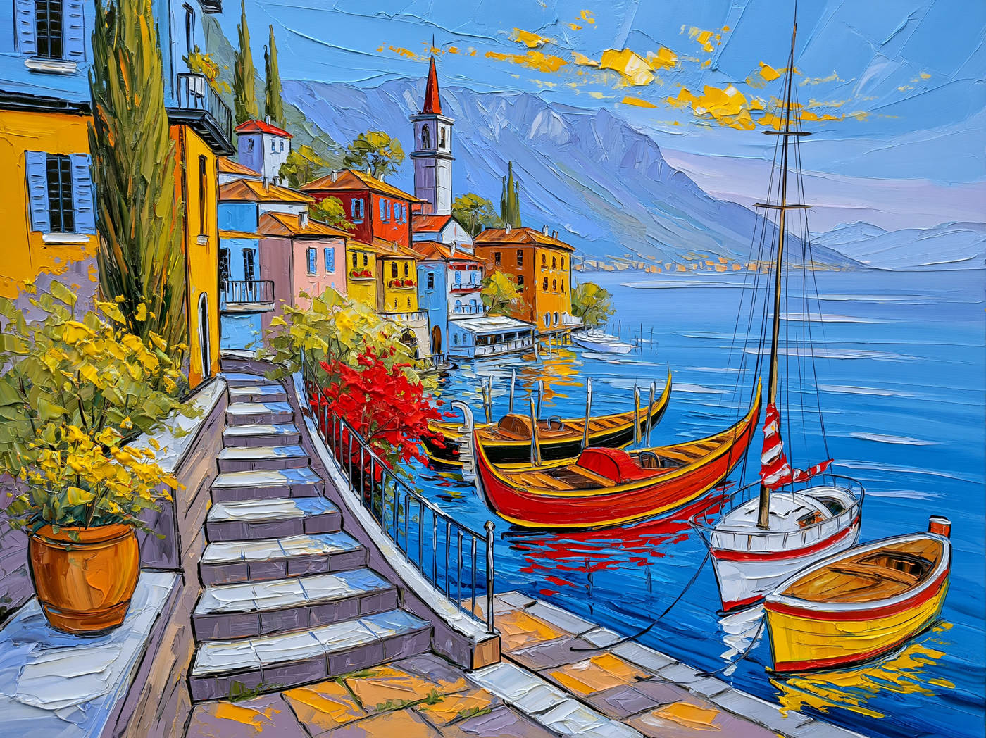 Palette-knife oil painting of Bellagio on Lake Como, pastel lakeside houses stacked above moored wooden boats with mountains in morning haze