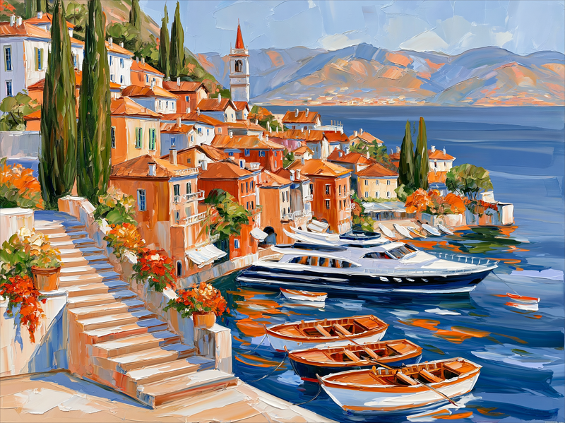 Palette-knife oil painting of Bellagio on Lake Como, pastel lakeside houses stacked above moored wooden boats with mountains in morning haze